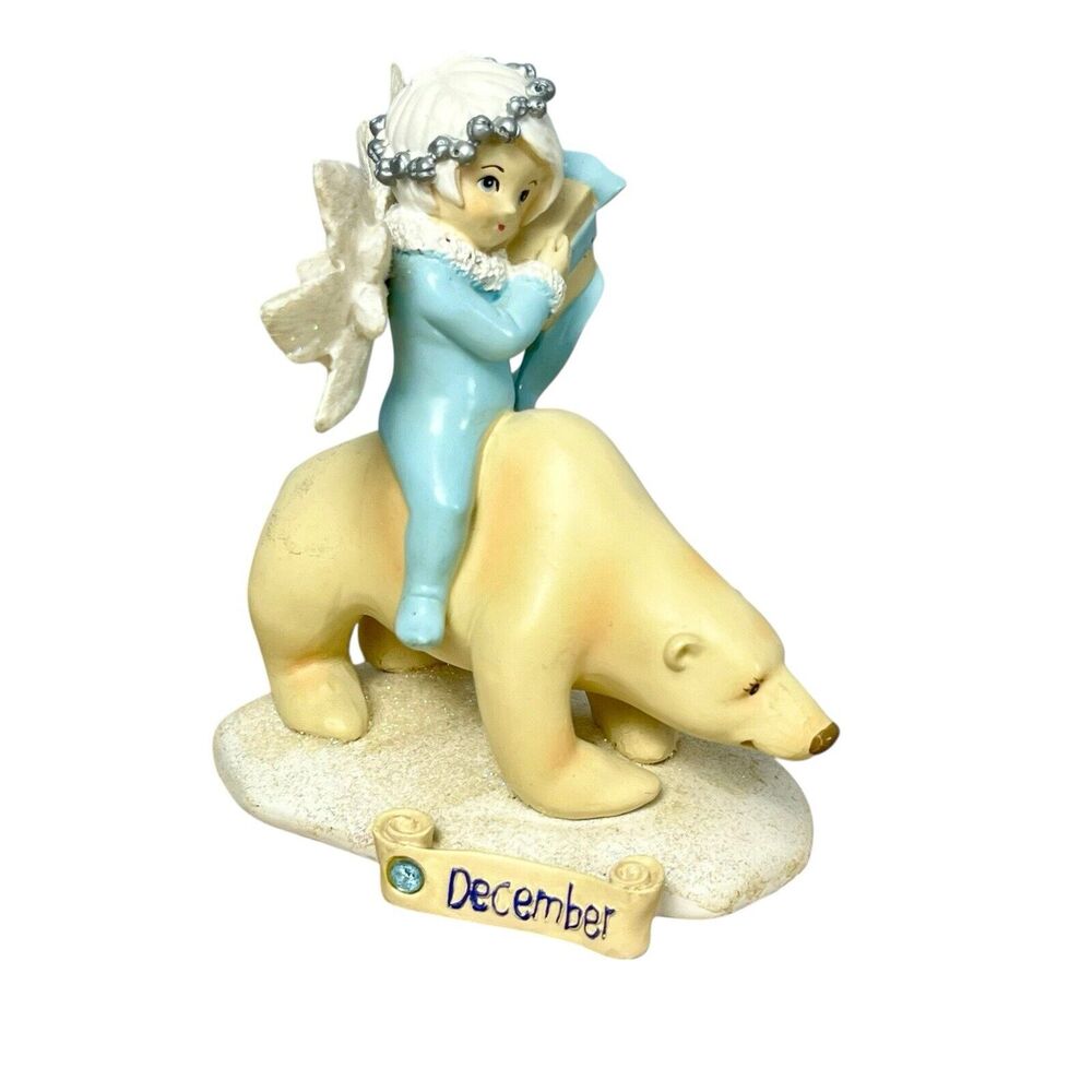 Christmas Angel Fairy Polar Bear Decor December Birthday Figurine 4” Snow Blue